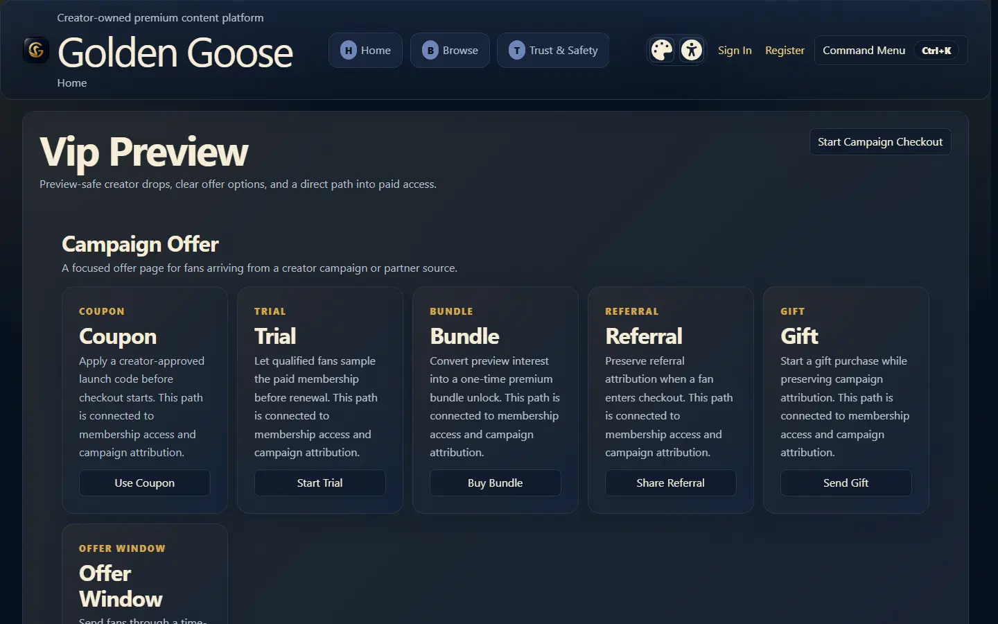 Content Creator Platform campaign offer page with membership and purchase paths
