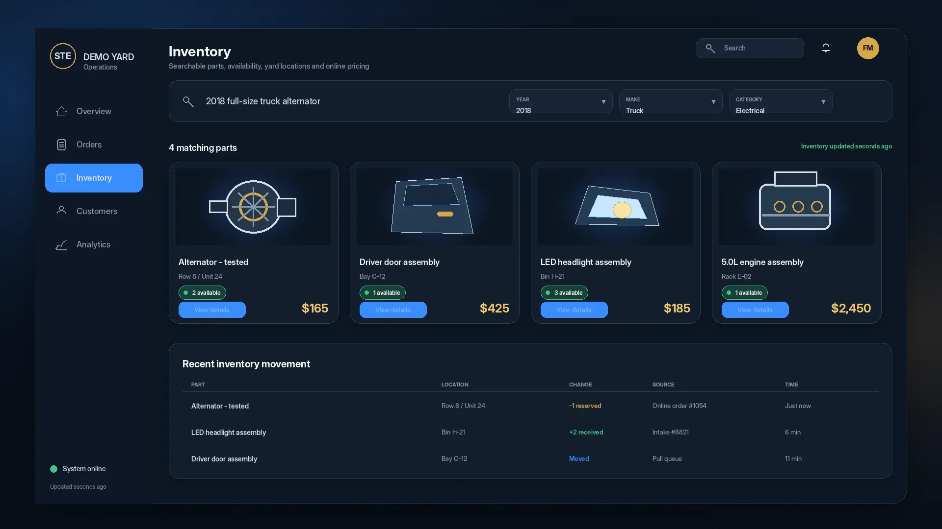 Searchable parts inventory interface with availability and pricing