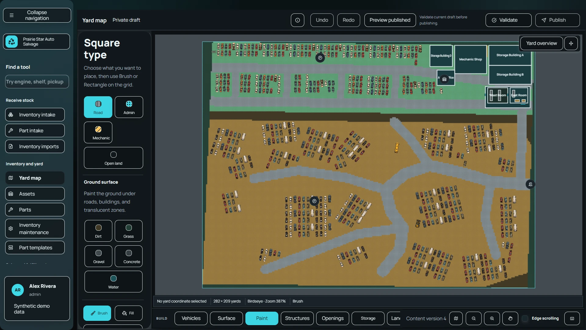 Salvage Yard System yard map with vehicle locations, zone controls, and editing tools